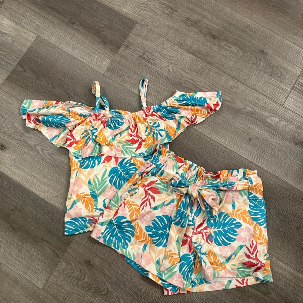 3/27$ Girls Tropical Leaf Print Off-Shoulder Matching Set M(10-12)